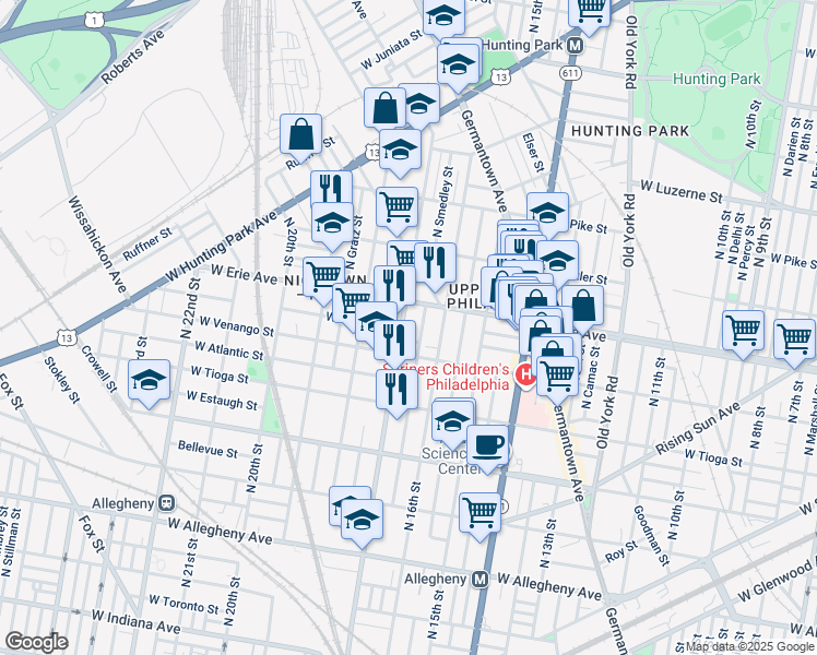 map of restaurants, bars, coffee shops, grocery stores, and more near 3627 North 17th Street in Philadelphia