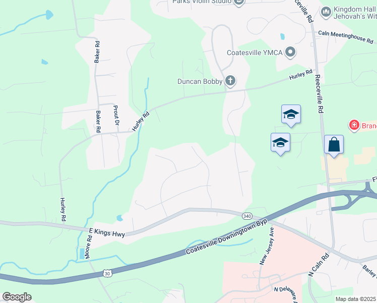 map of restaurants, bars, coffee shops, grocery stores, and more near 213 Kingswood Lane in Coatesville