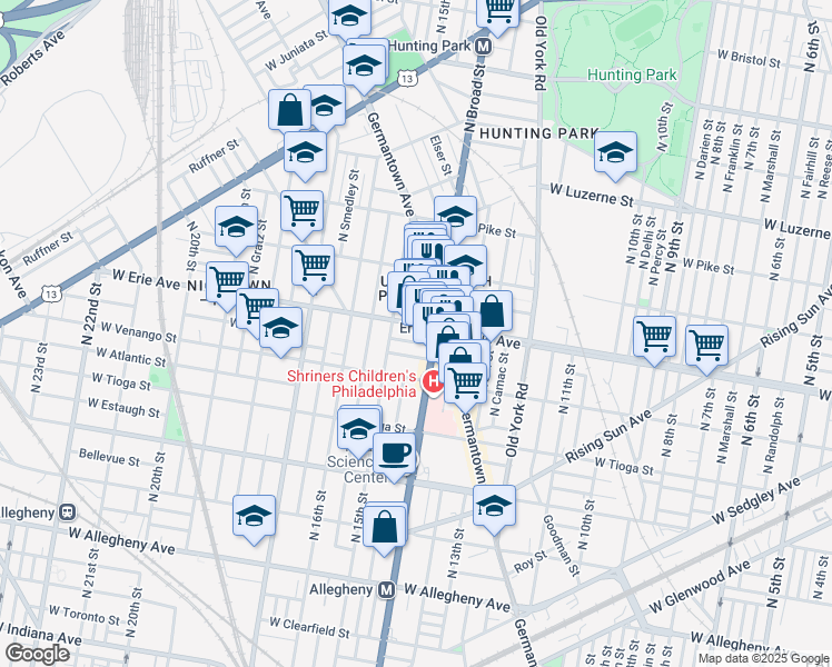 map of restaurants, bars, coffee shops, grocery stores, and more near 1410 West Erie Avenue in Philadelphia