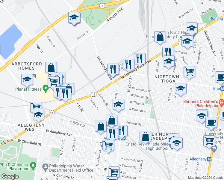 map of restaurants, bars, coffee shops, grocery stores, and more near 2302 West Venango Street in Philadelphia