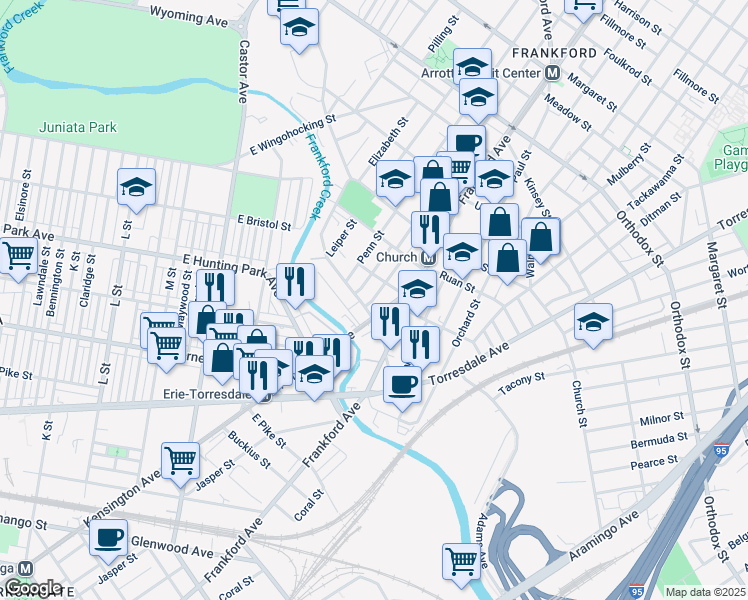map of restaurants, bars, coffee shops, grocery stores, and more near 4215 Romain Street in Philadelphia