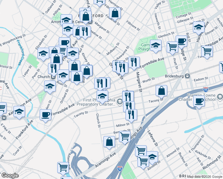 map of restaurants, bars, coffee shops, grocery stores, and more near 4563 Torresdale Avenue in Philadelphia