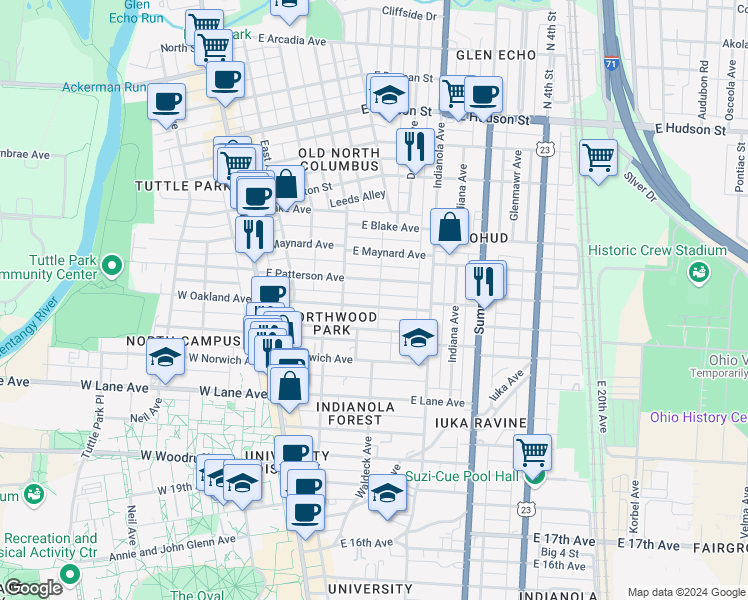 map of restaurants, bars, coffee shops, grocery stores, and more near 161 East Patterson Avenue in Columbus