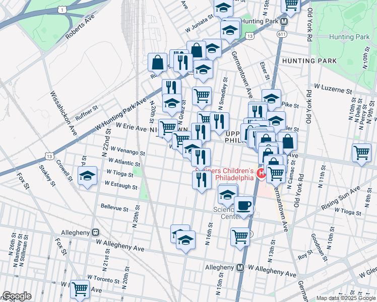 map of restaurants, bars, coffee shops, grocery stores, and more near 1754 West Pacific Street in Philadelphia