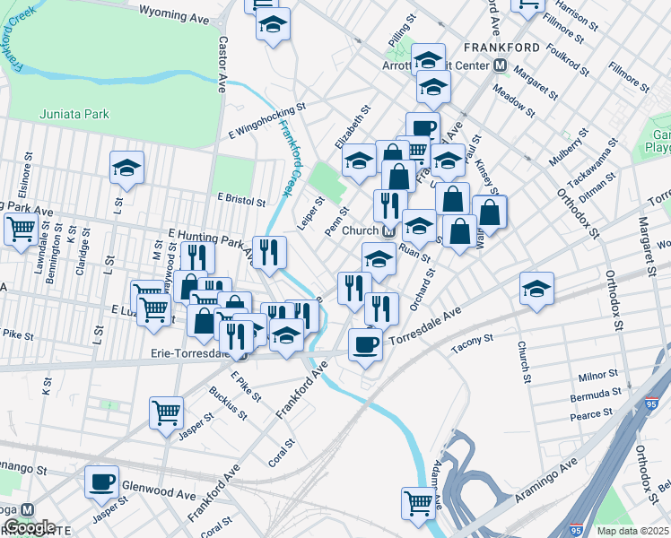 map of restaurants, bars, coffee shops, grocery stores, and more near 4228 Romain Street in Philadelphia