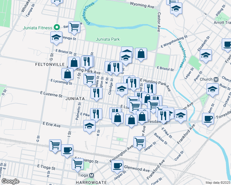 map of restaurants, bars, coffee shops, grocery stores, and more near 4103 Claridge Street in Philadelphia