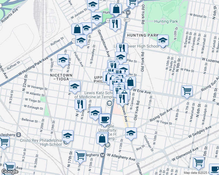 map of restaurants, bars, coffee shops, grocery stores, and more near 1417 West Erie Avenue in Philadelphia