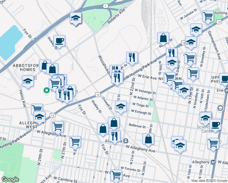 map of restaurants, bars, coffee shops, grocery stores, and more near 2302 West Venango Street in Philadelphia