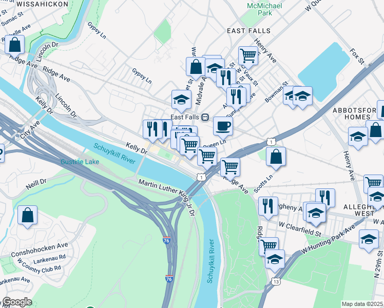 map of restaurants, bars, coffee shops, grocery stores, and more near in Philadelphia