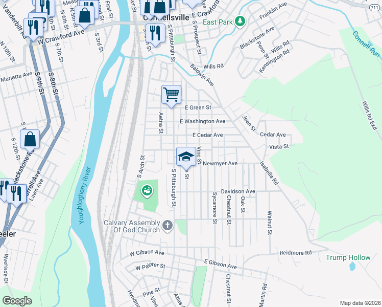 map of restaurants, bars, coffee shops, grocery stores, and more near 210 East Patterson Avenue in Connellsville