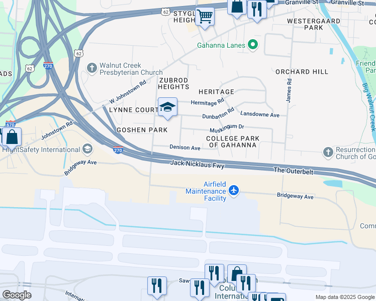 map of restaurants, bars, coffee shops, grocery stores, and more near 362 Denison Avenue in Gahanna