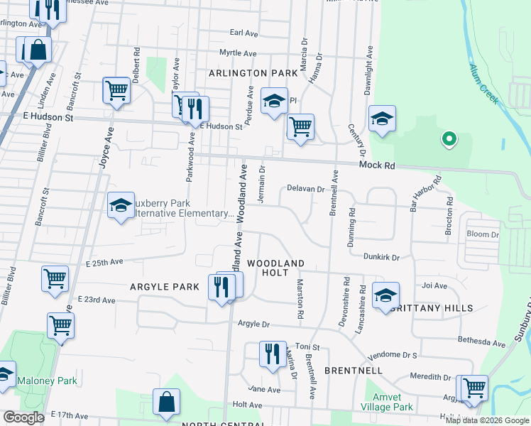 map of restaurants, bars, coffee shops, grocery stores, and more near 2168 Sagamore Road in Columbus