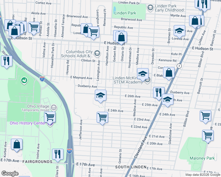 map of restaurants, bars, coffee shops, grocery stores, and more near 1146 Duxberry Avenue in Columbus