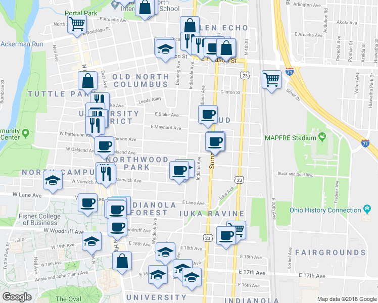 map of restaurants, bars, coffee shops, grocery stores, and more near in Columbus