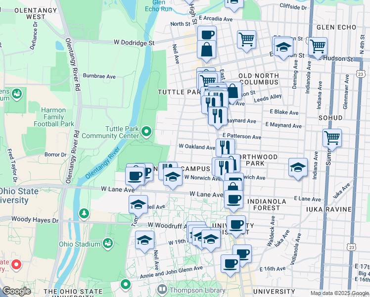 map of restaurants, bars, coffee shops, grocery stores, and more near 112 West Oakland Avenue in Columbus
