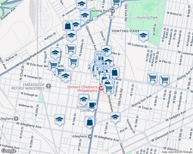 map of restaurants, bars, coffee shops, grocery stores, and more near 1410 West Erie Avenue in Philadelphia
