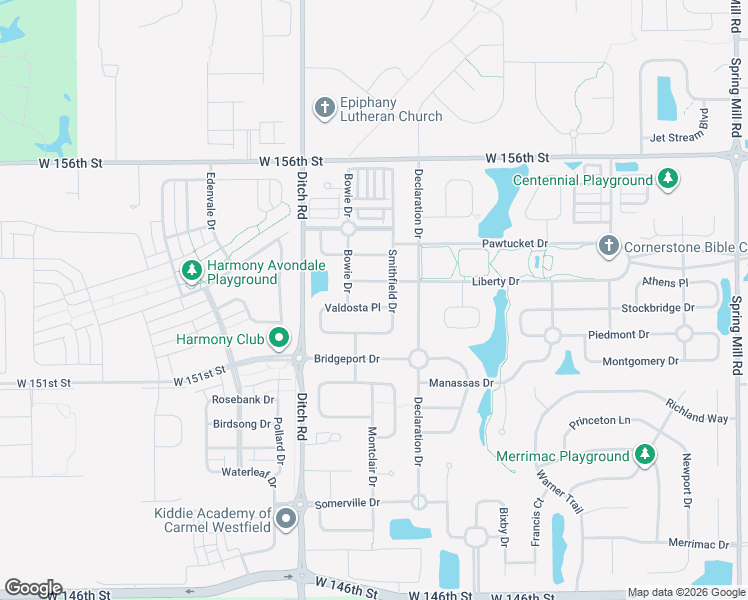 map of restaurants, bars, coffee shops, grocery stores, and more near 1260 Valdosta Place in Westfield