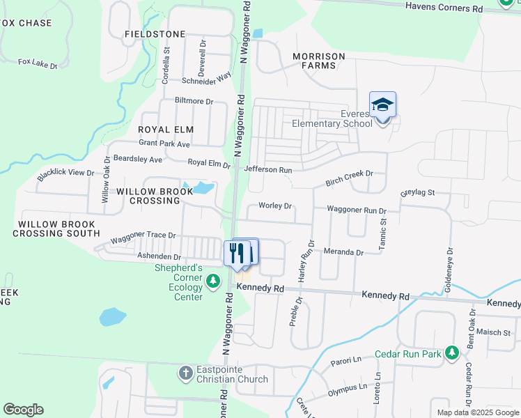 map of restaurants, bars, coffee shops, grocery stores, and more near 7722 Worley Drive in Blacklick