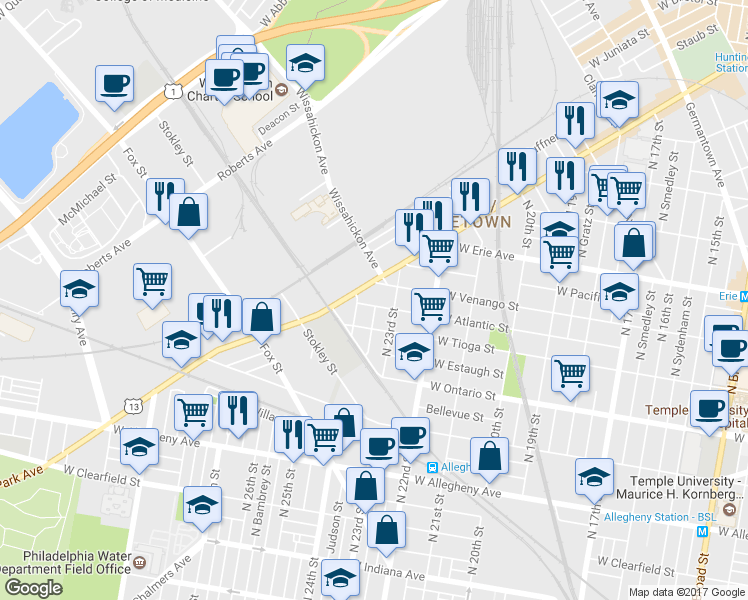 map of restaurants, bars, coffee shops, grocery stores, and more near 2327 West Atlantic Street in Philadelphia