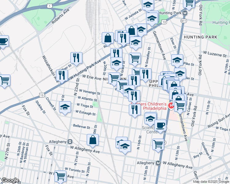 map of restaurants, bars, coffee shops, grocery stores, and more near 3609 North 19th Street in Philadelphia