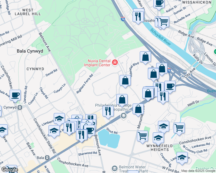 map of restaurants, bars, coffee shops, grocery stores, and more near 251 Saint Asaphs Road in Bala Cynwyd