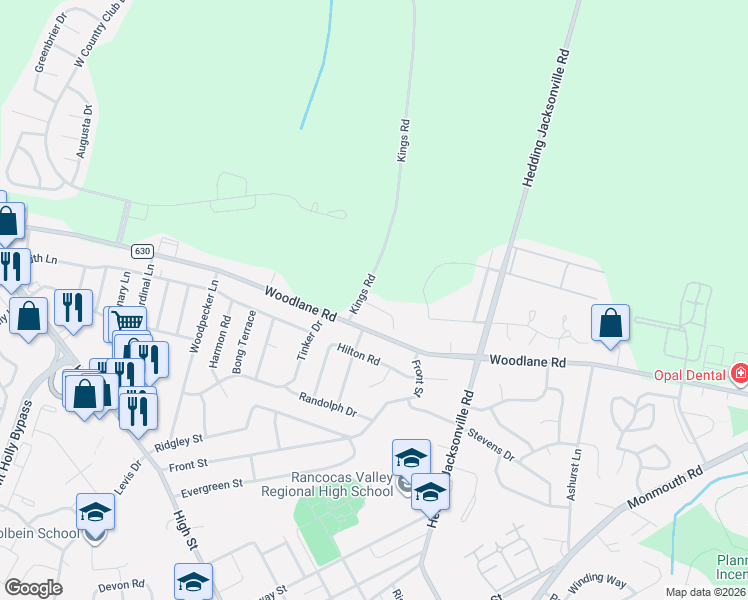 map of restaurants, bars, coffee shops, grocery stores, and more near 6 Kingswood Court in Mount Holly