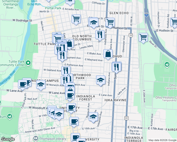 map of restaurants, bars, coffee shops, grocery stores, and more near 161 East Patterson Avenue in Columbus