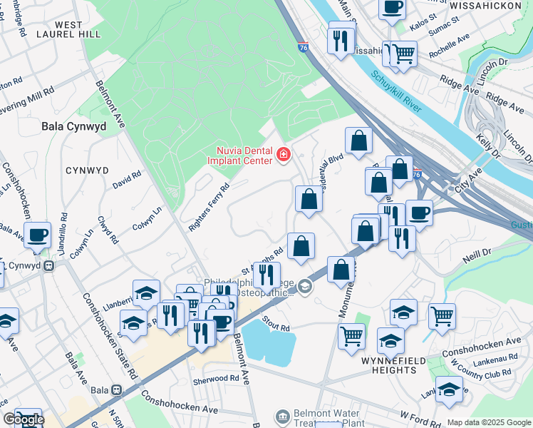 map of restaurants, bars, coffee shops, grocery stores, and more near 251 Saint Asaphs Road in Bala Cynwyd