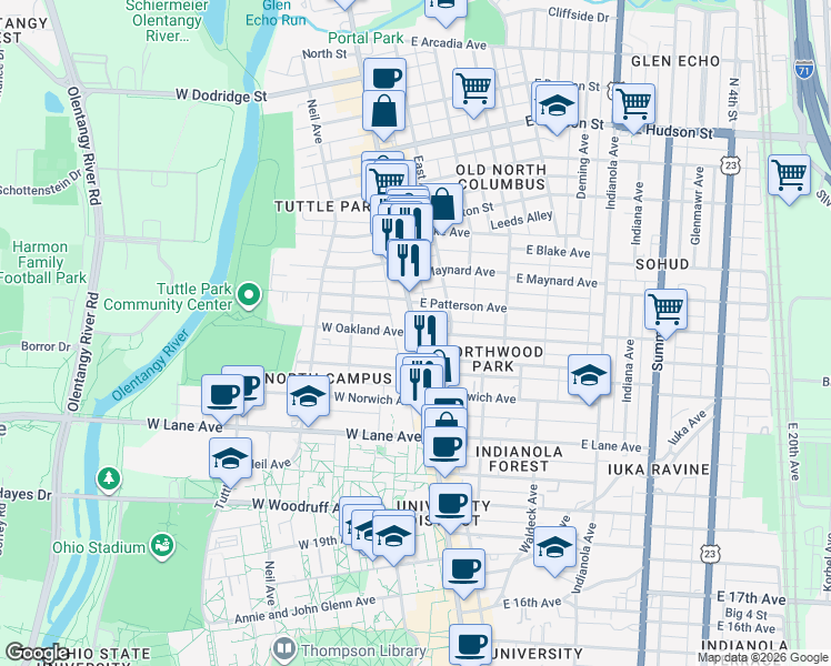 map of restaurants, bars, coffee shops, grocery stores, and more near 2 West Oakland Avenue in Columbus