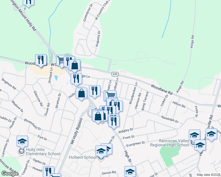 map of restaurants, bars, coffee shops, grocery stores, and more near 211 Canary Lane in Mount Holly