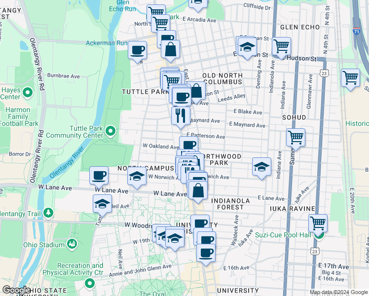 map of restaurants, bars, coffee shops, grocery stores, and more near in Columbus