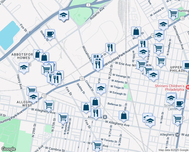 map of restaurants, bars, coffee shops, grocery stores, and more near 2327 West Atlantic Street in Philadelphia