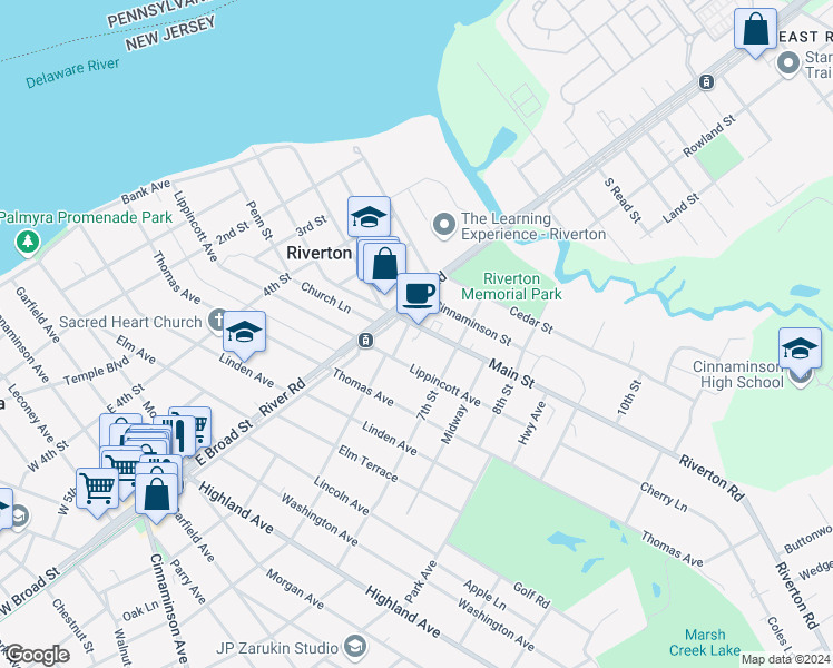 map of restaurants, bars, coffee shops, grocery stores, and more near 606 Main Street in Riverton