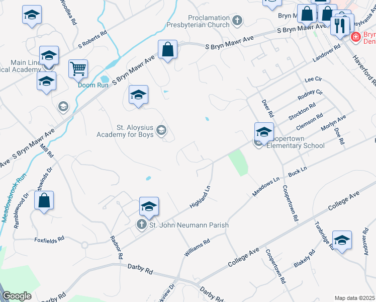 map of restaurants, bars, coffee shops, grocery stores, and more near 8 Duncan Lane in Bryn Mawr