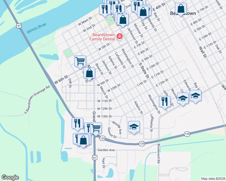 map of restaurants, bars, coffee shops, grocery stores, and more near 1004 Jackson Street in Beardstown