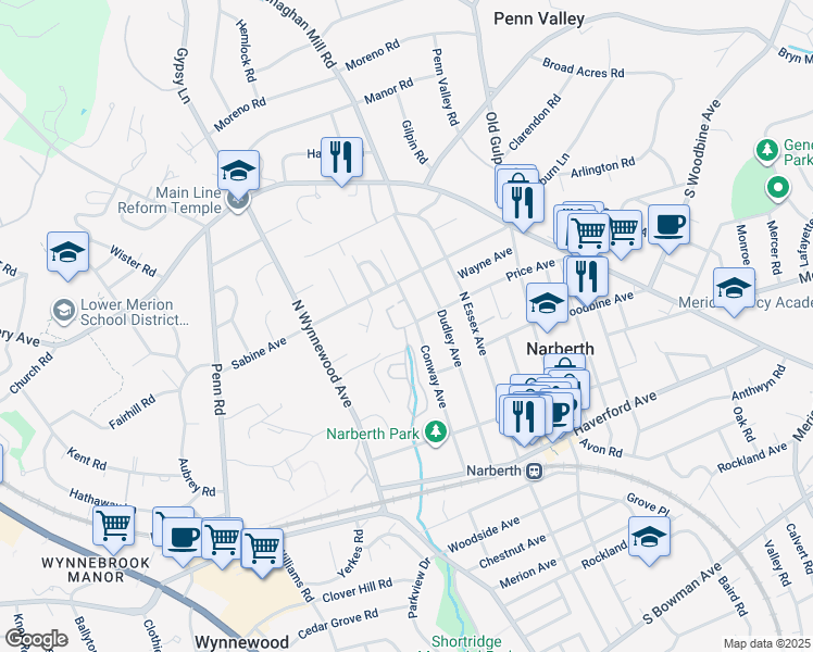 map of restaurants, bars, coffee shops, grocery stores, and more near 424 Conway Avenue in Narberth