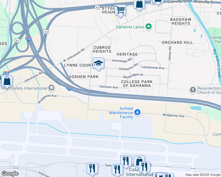 map of restaurants, bars, coffee shops, grocery stores, and more near 362 Denison Avenue in Gahanna