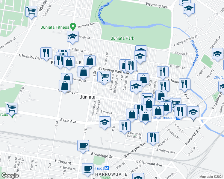 map of restaurants, bars, coffee shops, grocery stores, and more near 4037 Lawndale Street in Philadelphia