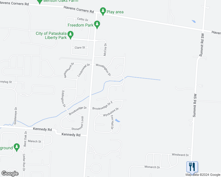 map of restaurants, bars, coffee shops, grocery stores, and more near 126 Bellebrooke Drive in Pataskala