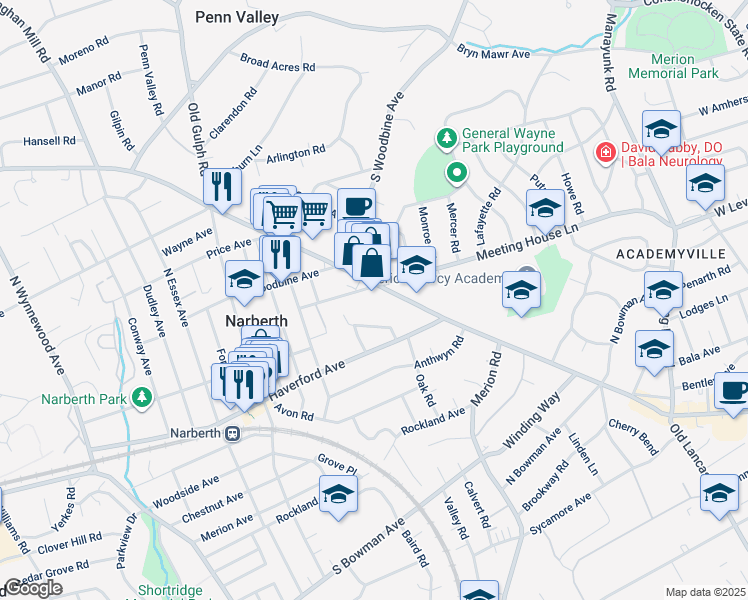 map of restaurants, bars, coffee shops, grocery stores, and more near 650 Montgomery Avenue in Narberth