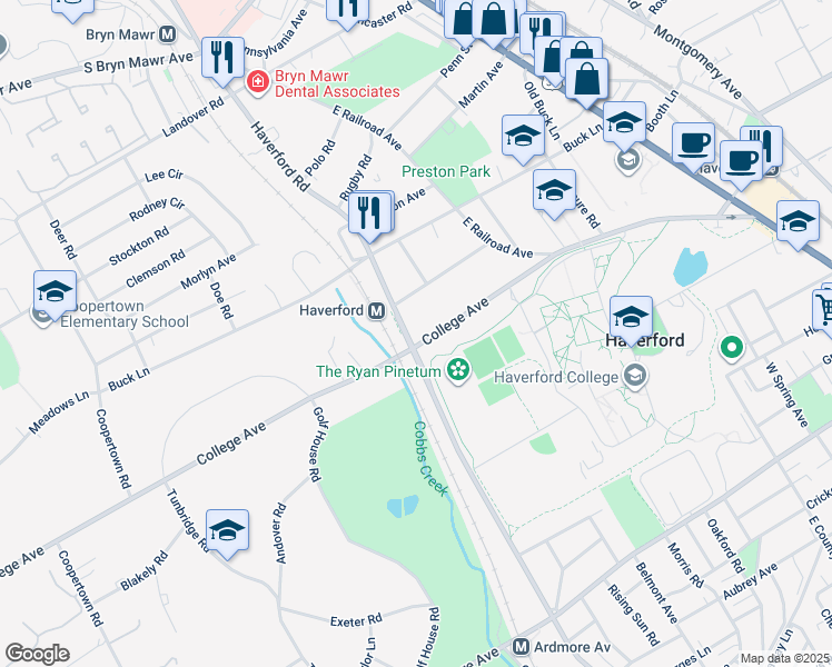 map of restaurants, bars, coffee shops, grocery stores, and more near 702 College Avenue in Haverford