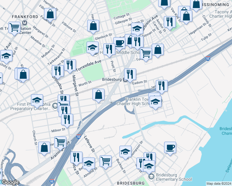 map of restaurants, bars, coffee shops, grocery stores, and more near 5026 James Street in Philadelphia