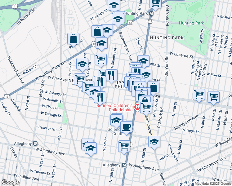 map of restaurants, bars, coffee shops, grocery stores, and more near 3637 North 16th Street in Philadelphia