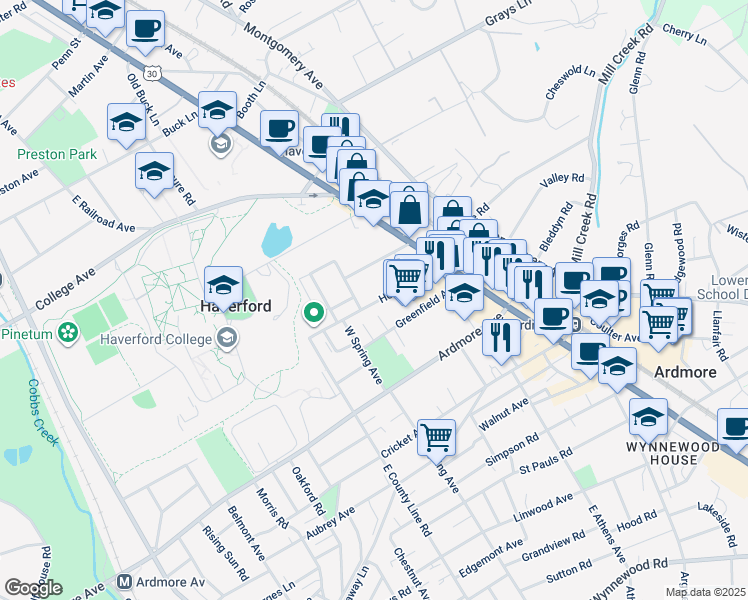 map of restaurants, bars, coffee shops, grocery stores, and more near 72 Holland Avenue in Ardmore