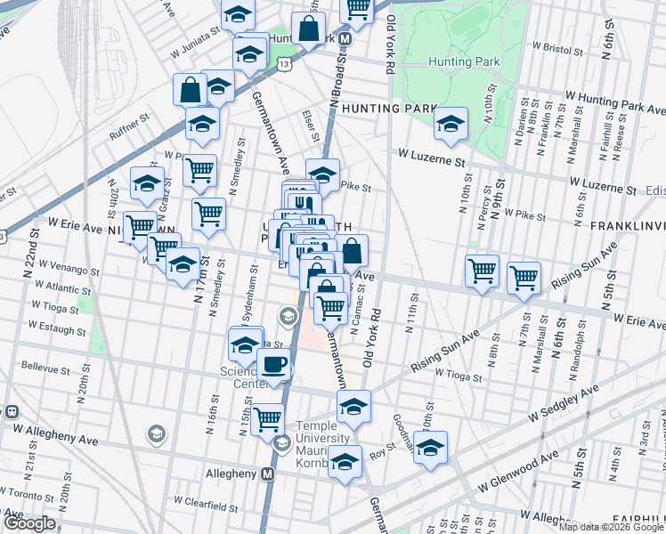 map of restaurants, bars, coffee shops, grocery stores, and more near North Park Avenue in Philadelphia