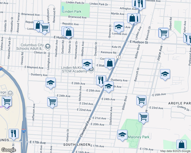 map of restaurants, bars, coffee shops, grocery stores, and more near 2112 Dresden Street in Columbus