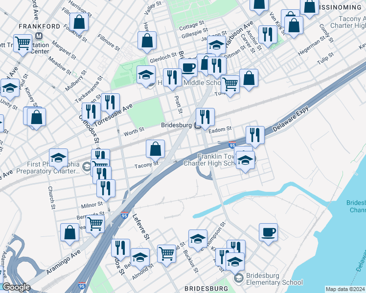 map of restaurants, bars, coffee shops, grocery stores, and more near 5026 James Street in Philadelphia