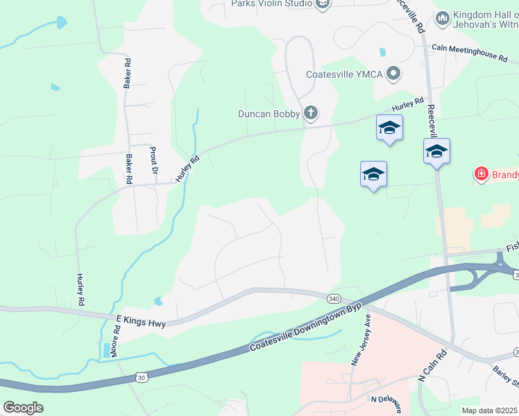 map of restaurants, bars, coffee shops, grocery stores, and more near 213 Kingswood Lane in Coatesville