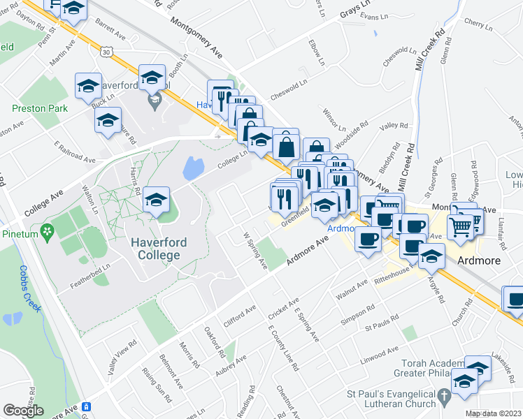 map of restaurants, bars, coffee shops, grocery stores, and more near 72 Holland Avenue in Ardmore