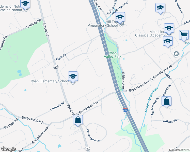 map of restaurants, bars, coffee shops, grocery stores, and more near 19 Haymarket Lane in Bryn Mawr